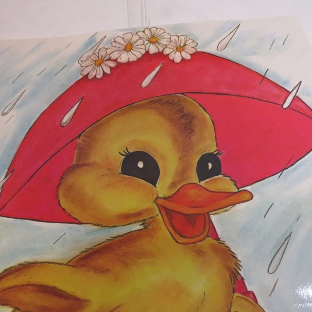 Vintage Duck with umbrella in the Rain Poster 1980s Laminated Cute Duckling